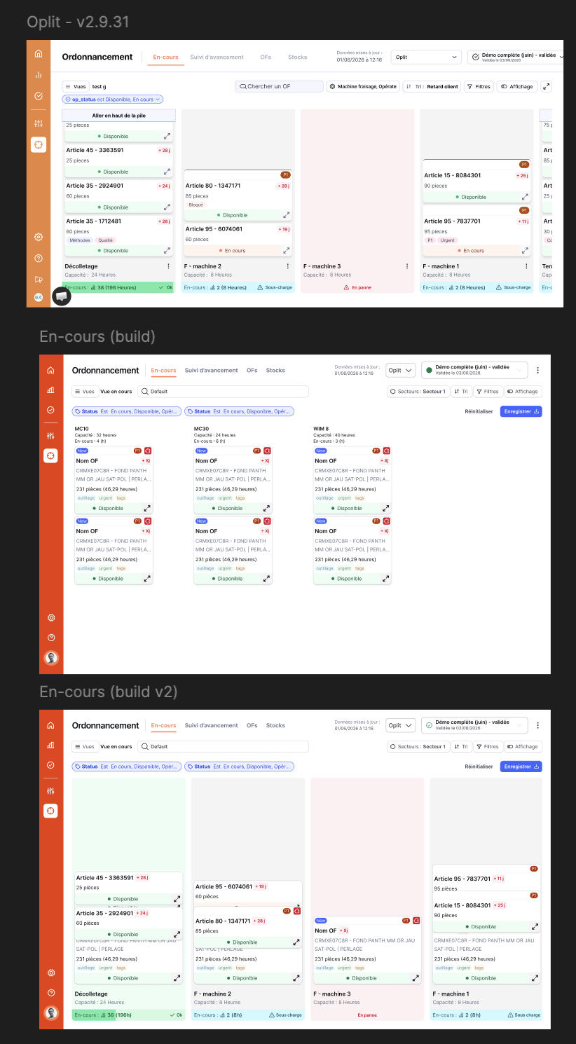 Three versions of the same screen: product reference, build v1, build v2