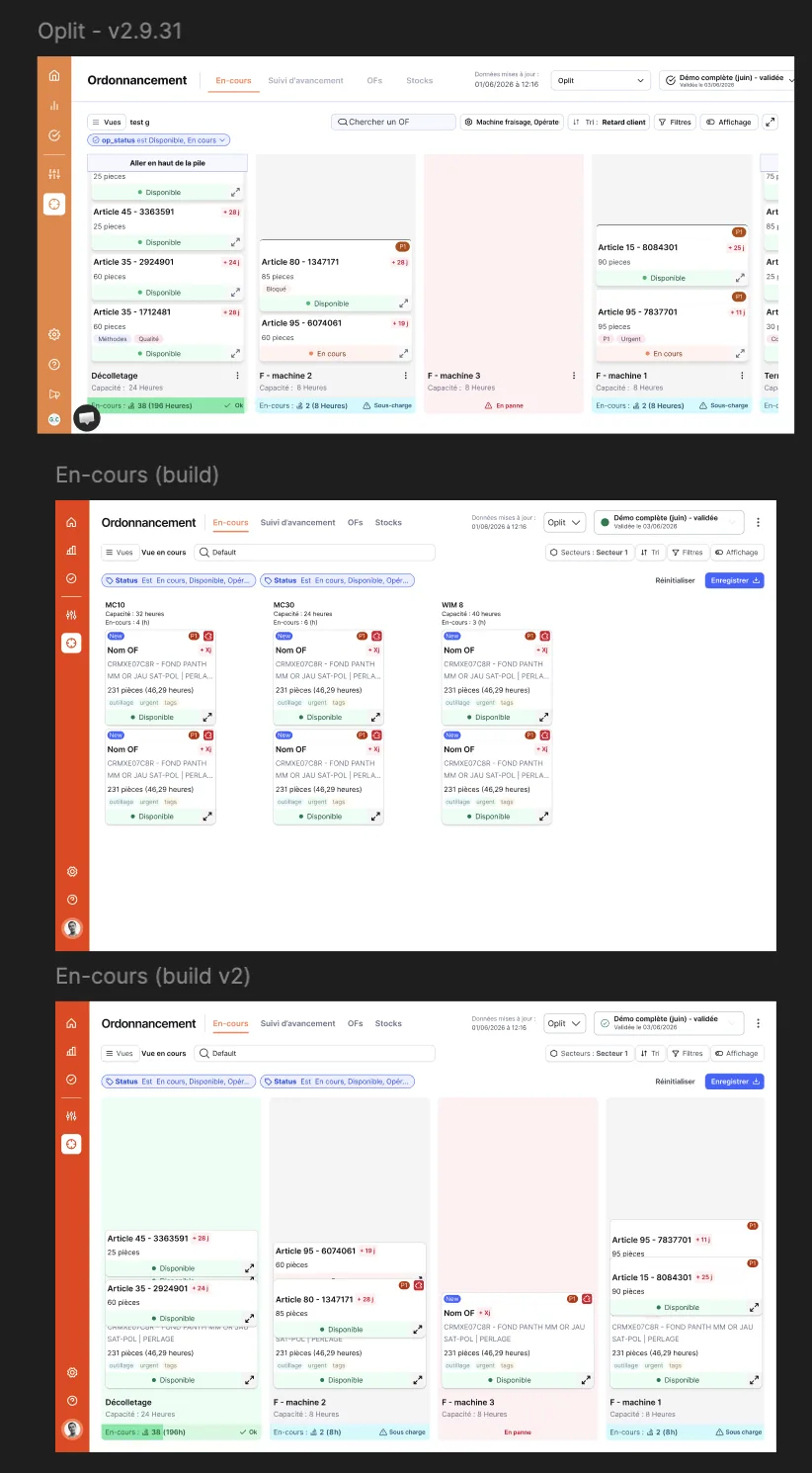 Three versions of the same screen: product reference, build v1, build v2