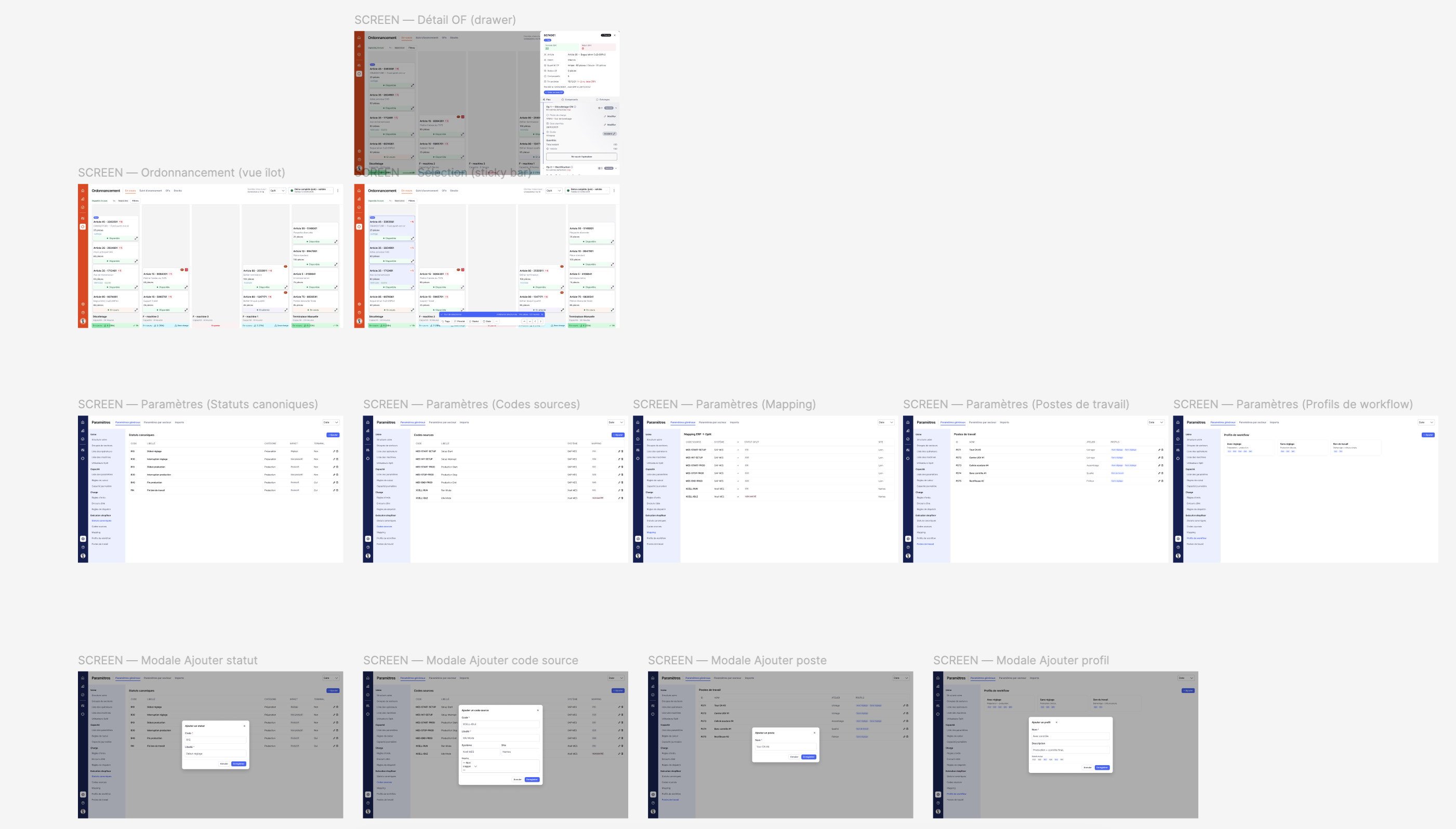 Full settings flow: 11 screens and 4 modals