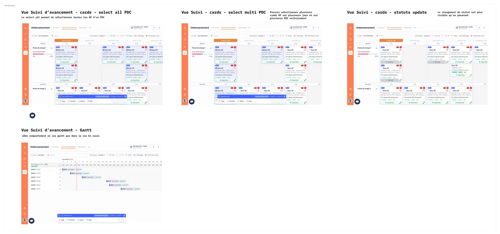 Multi-select across Suivi d'avancement cards (per PDC, multi-PDC, status update) and Gantt view