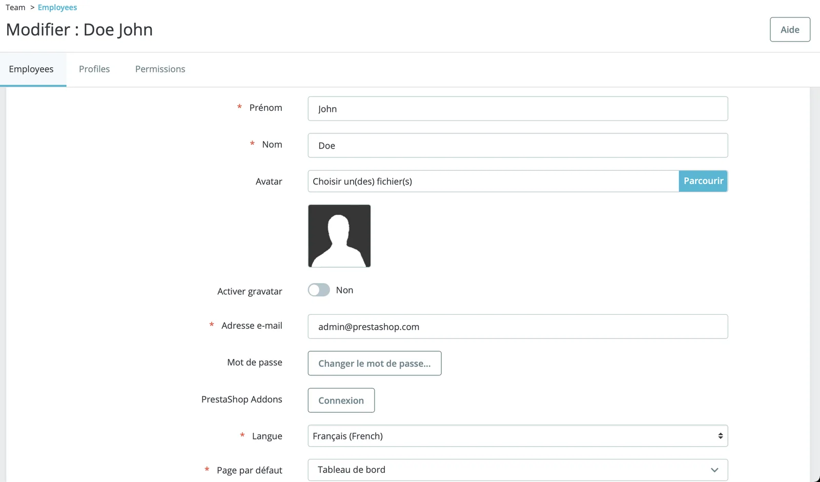Back Office, Employee profile page