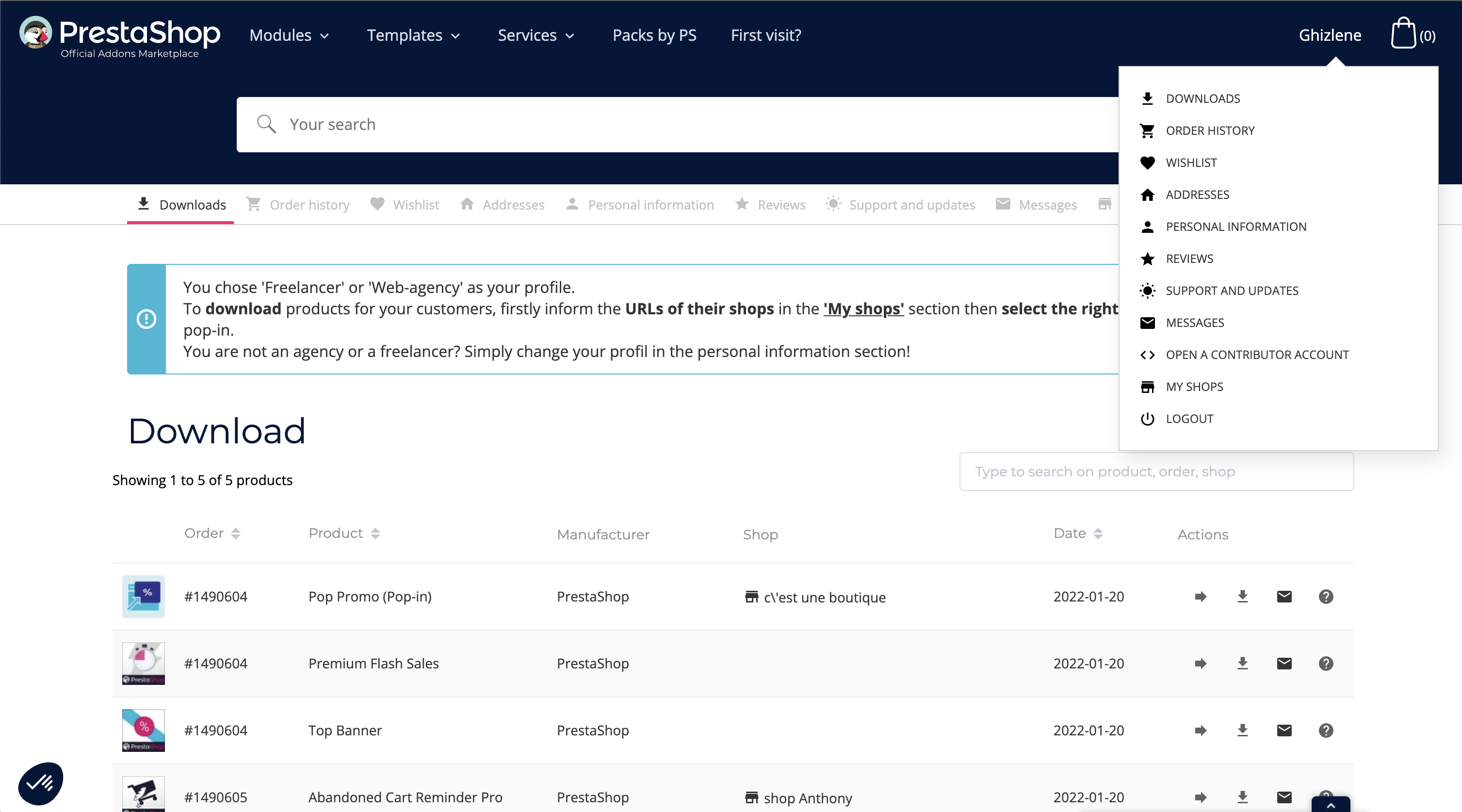 Marketplace Addons — Account page