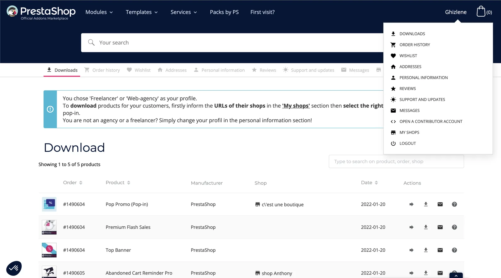 Marketplace Addons, Account page