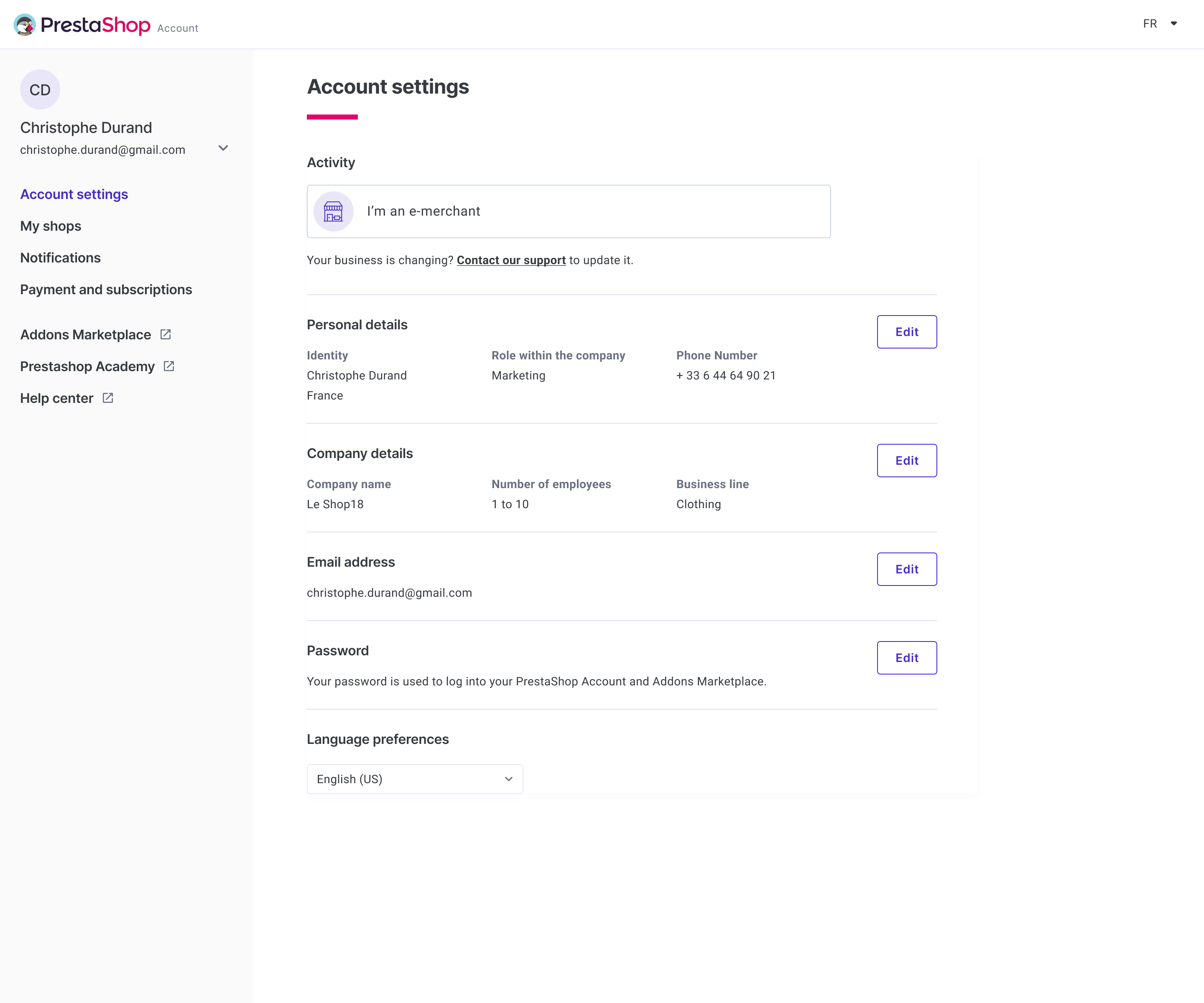 Unified account — Account settings (before)