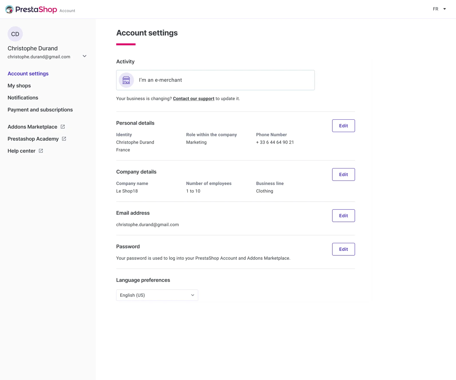 Unified account, Account settings (before)