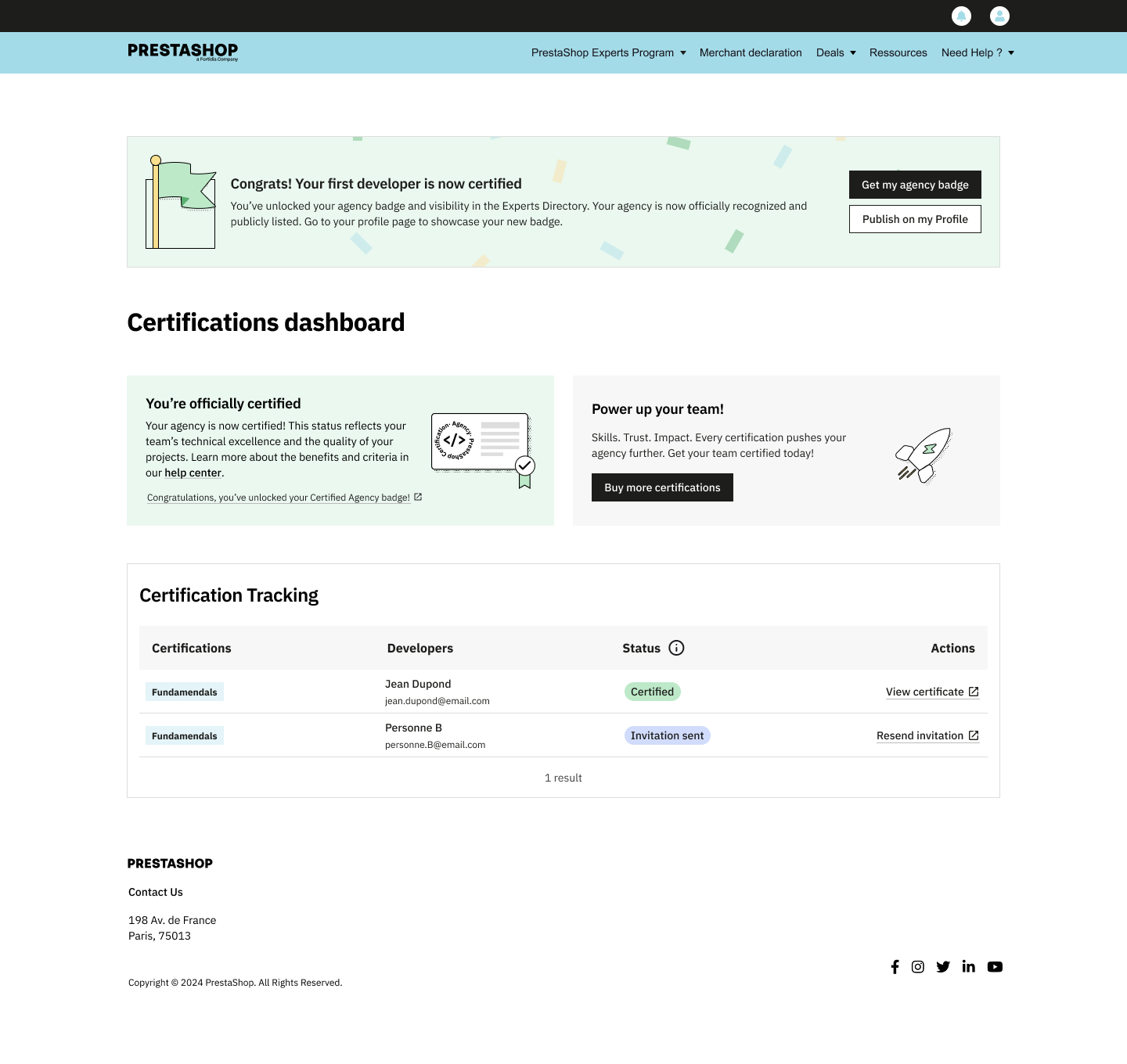 Dashboard de suivi, agence certifiée