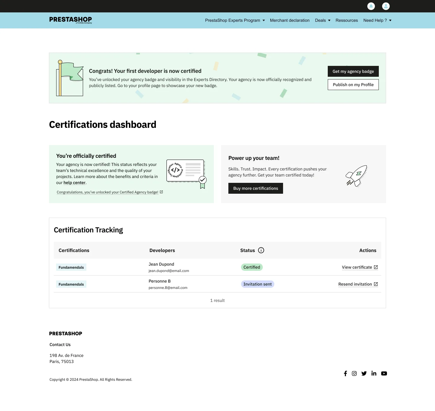 Dashboard de suivi, agence certifiée