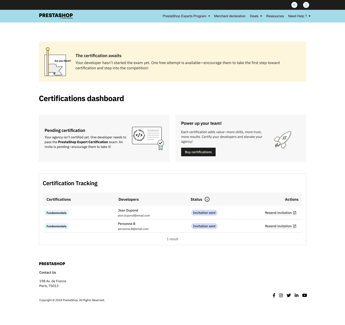Dashboard de suivi, certification en attente