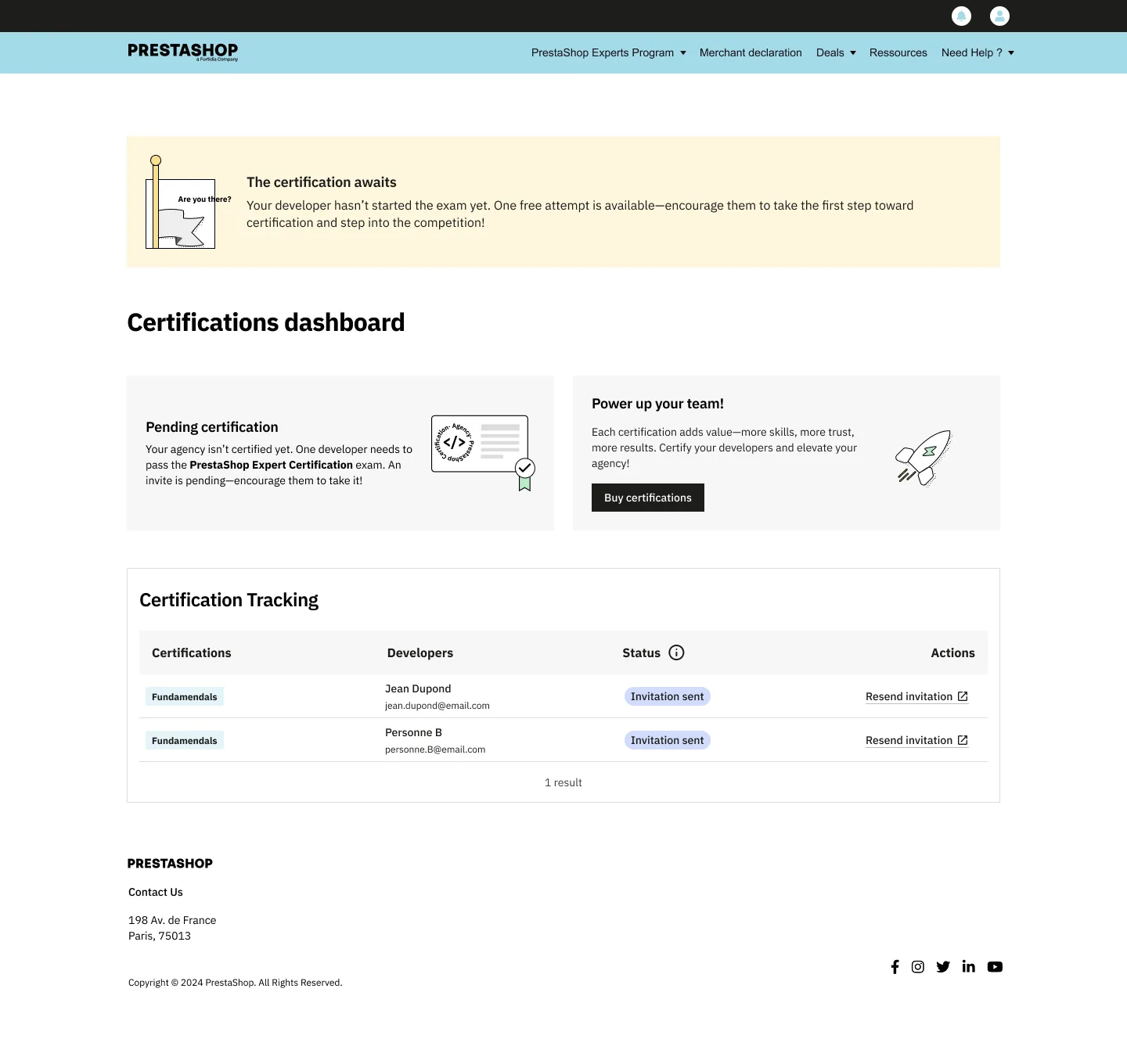 Dashboard de suivi, certification en attente
