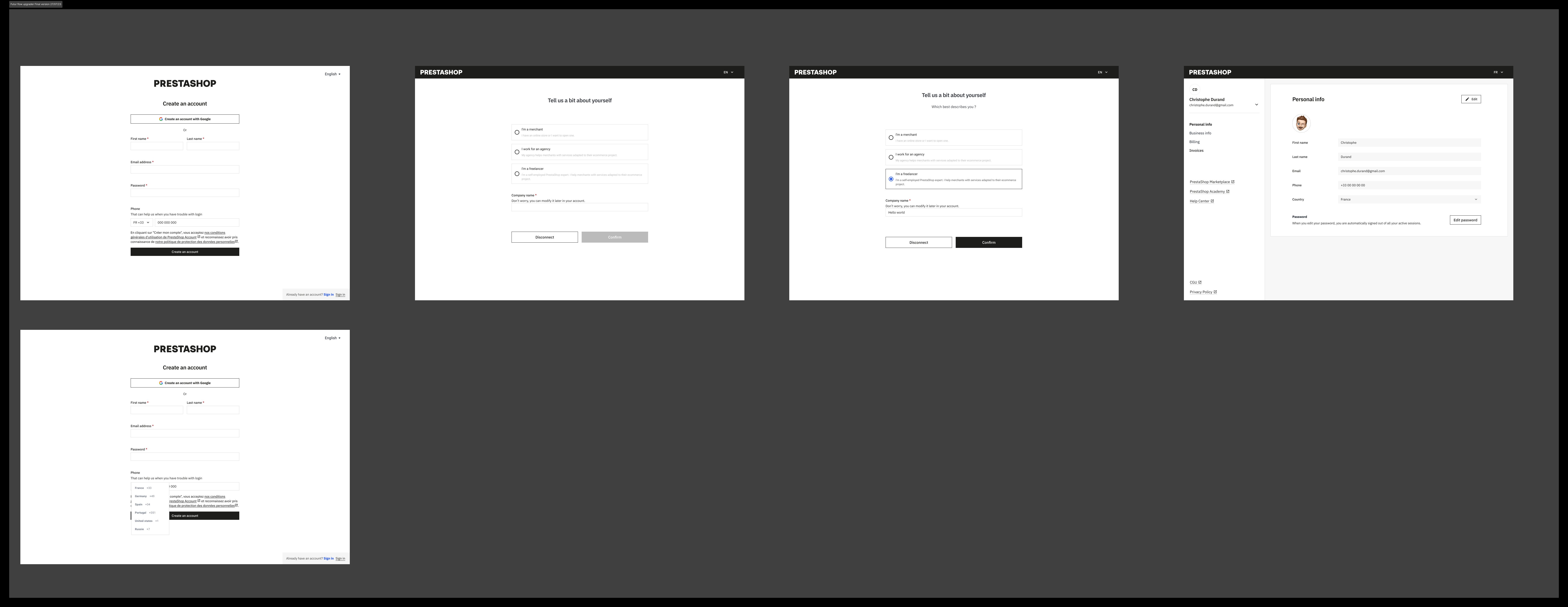 Sign up — Complete flow with freelance/agency variant and account settings