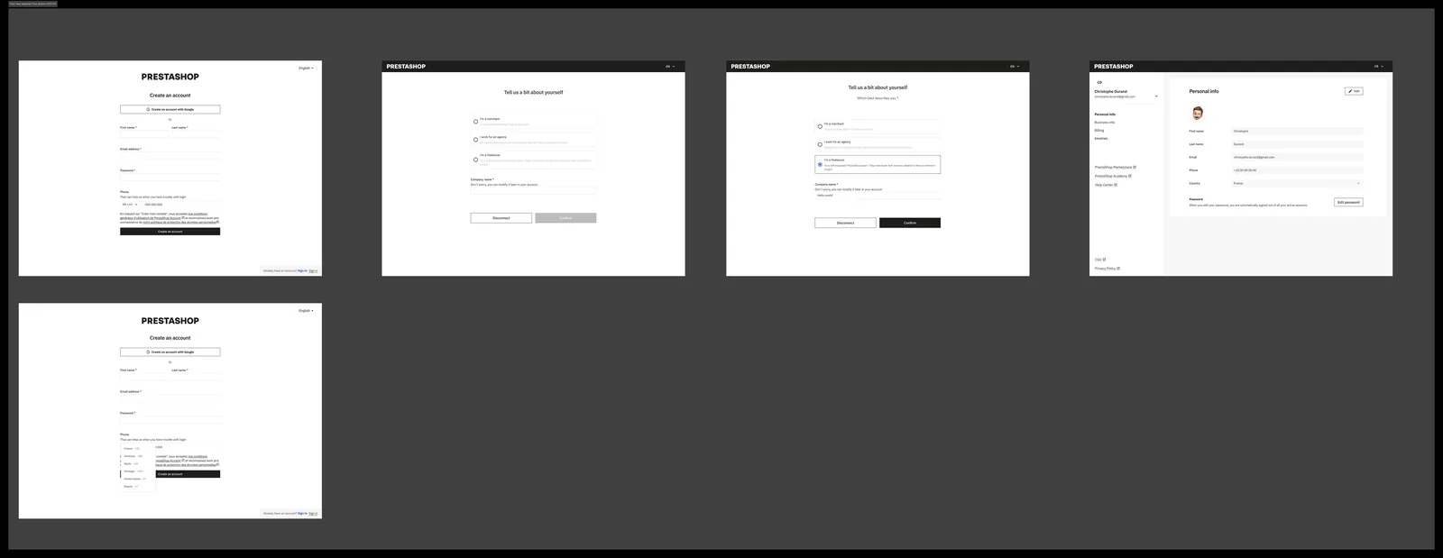 Sign up, Complete flow with freelance/agency variant and account settings